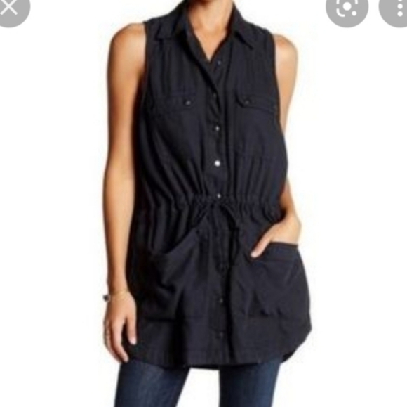 FREE PEOPLE Too FAR BLACK LONG TUNIC Utility Cargo Vest XS Sleeveless Button Up - Picture 8 of 10
